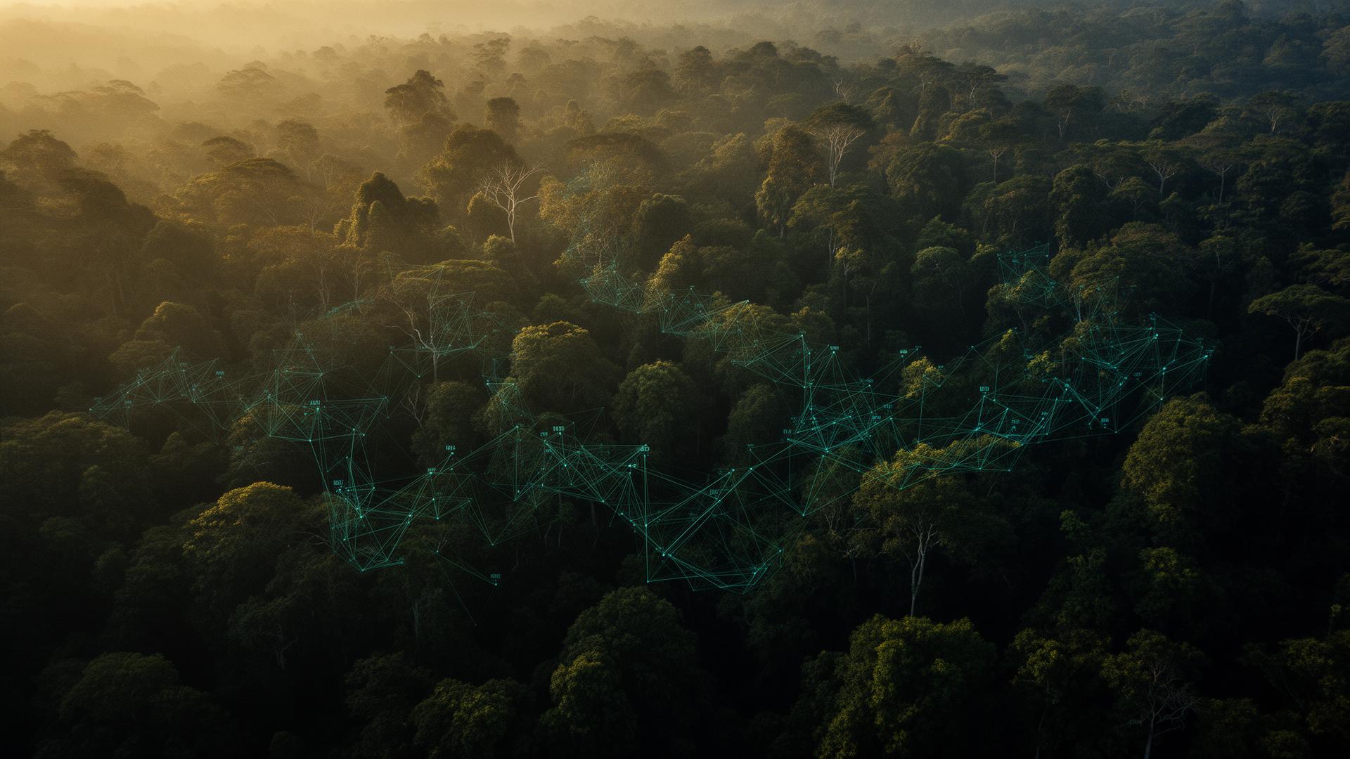 Aerial rainforest canopy with data-flow overlay